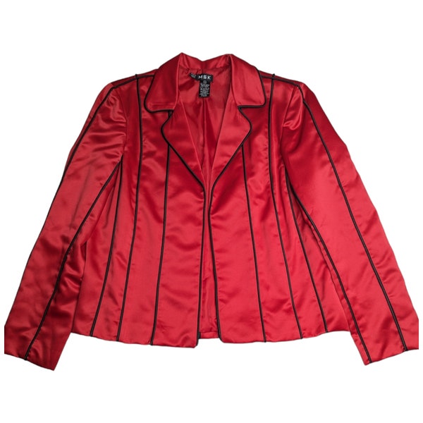 Vtg Y2K MSK Red Satin Black Piping Open Front Split Sleeve Blazer Jacket XL