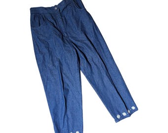 Vtg 1990s Quacker Factory Daisy Embroidered Tapered Leg Stretch Waist Jeans M