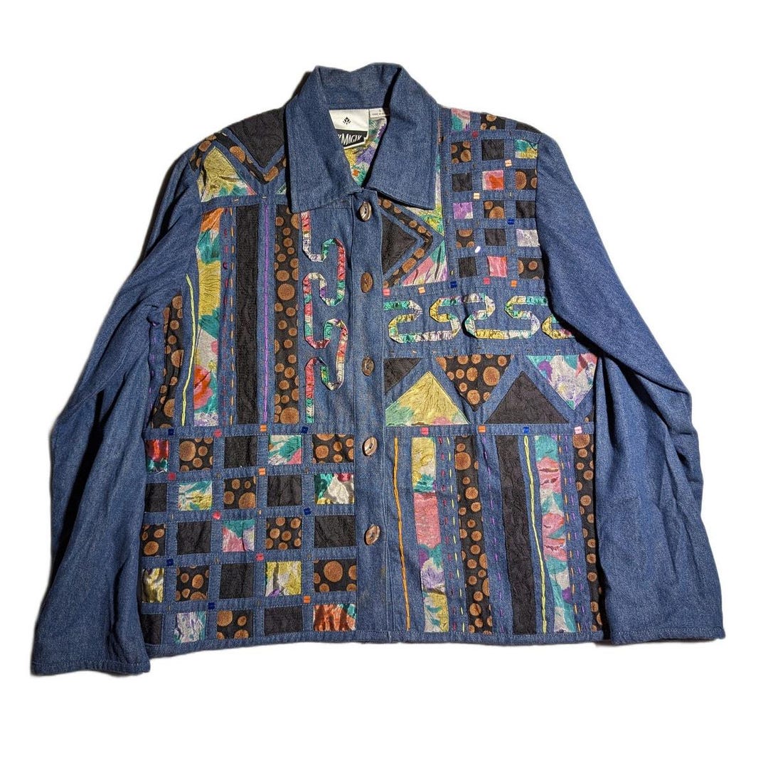 Vtg Y2K Yak Magik Blue Cotton Denim Patchwork Button up Overszied