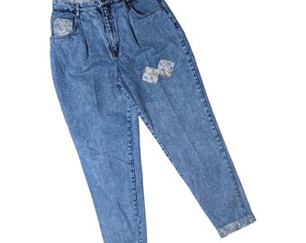 Vtg 1980er Rio Floral Patchwork Acid Wash Tapered Leg High Rise Mom Jeans 15 28