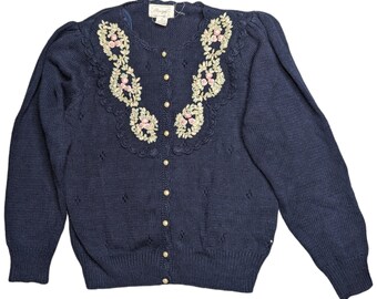 VTG 1990s Margules - Cardigan boutonné coquette brodé floral bleu marine S