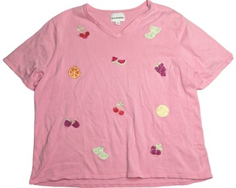 Vtg Y2K Breckenridge Bubblegum Pink Fruit Embroidered V-Neck Knit T-Shirt L