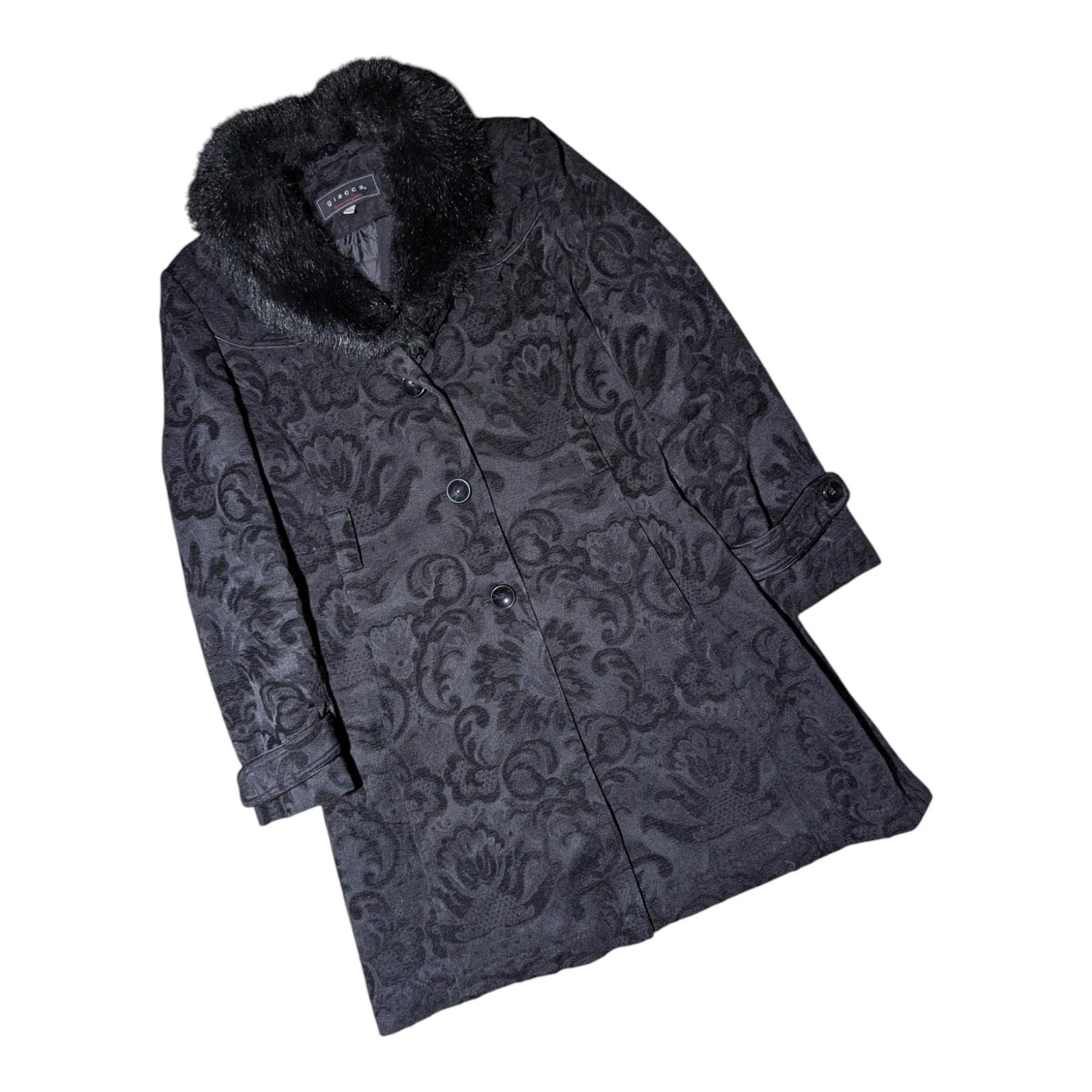 Vtg Y2K Giacca Black Brocade Faux Fur Collar Button up Penny