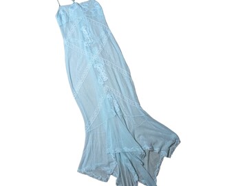 Vtg Y2K Victoria's Secret Sky Blue Sheer Lace Draped Hem Racerback Maxi Dress L