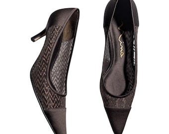 Vtg Y2K Nina Brown Wies Satin Cap Toe Glitter Chevron Mesh Stiletto Pumps 8.5
