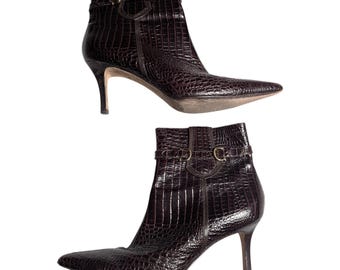 Vtg Y2K Ann Taylor Brown Croc Embossed Leather Pointed Stiletto Ankle Boots Sz 8