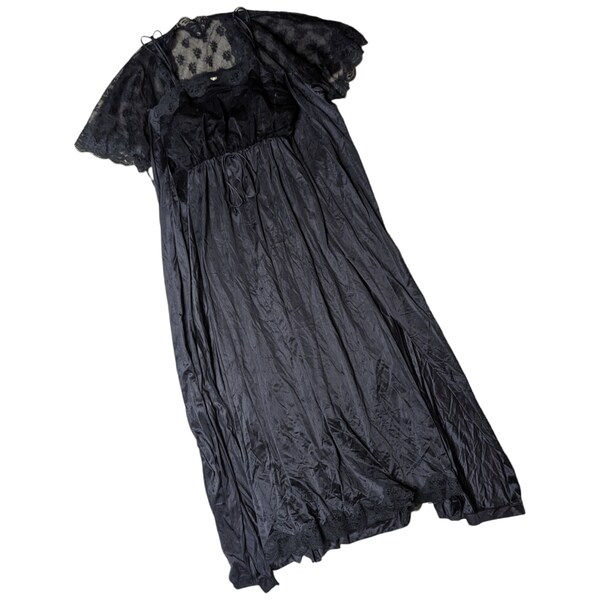 Vintage 1970s Lorraine Black Nylon Lace Maxi Slip Dress and Robe Peignoir Set S