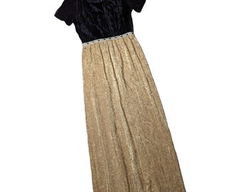 Vtg 1960s Terciopelo Negro Oro Metálico Plisado Imperio Cintura Gema Maxi Vestido 12