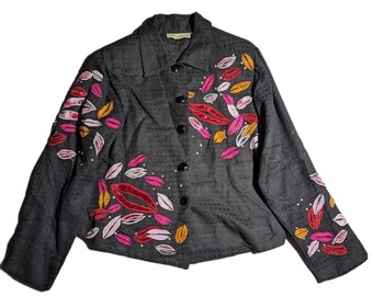 Chaqueta tipo blazer vintage Y2K Pushpa negra, roja y rosa con apliques de labios en terciopelo, talla S