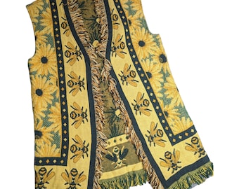VTG 1990er Jahre handgemachte gelbe Sonnenblume Biene Fransenbesatz gewebte Decke Weste OS XL