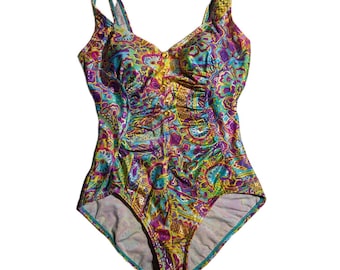 Traje de baño vintage de nailon fruncido con estampado floral de cachemira morado y amarillo brillante Beach Bay, década de 1990, talla 12