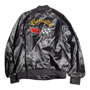 Vtg 1990s Corvette Black Satin Red Embroidered Logo Snap Front Jacket Unisex L