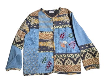 Chaqueta vintage de los 90 de Keren Hart Denim con estampado tribal, patchwork de algodón y botones, talla M