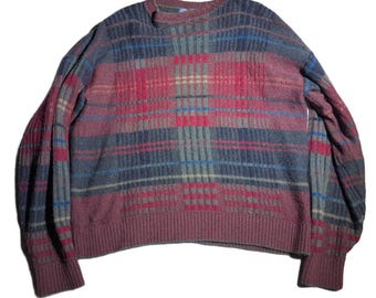 Vtg 1980s Pendleton Blue Red Plaid 100% Wool Crew Neck Pullover Sweater Men's XL