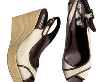 Sandalias vintage Steve Madden Lakeside de lona beige con cuña de madera y cuero marrón, estilo Y2K, talla 9