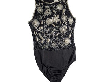 Vtg 1990s Black Tie Oleg Cassini Black Beaded Pearl Embellished Bodysuit Sz M