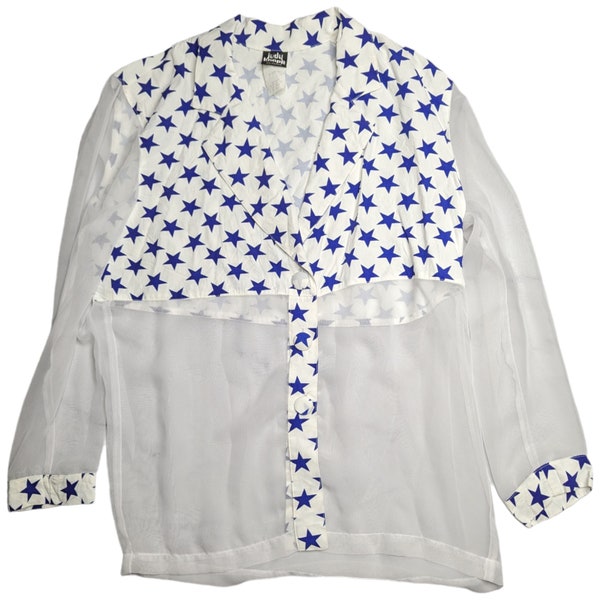 Vtg 1980s Judy Knapp White Blue Star Print Sheer Mesh Button Up Flowy Blouse S