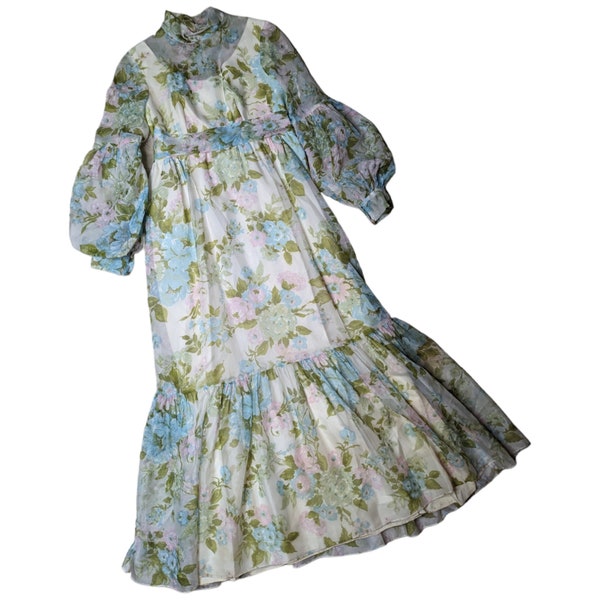 Vtg 1970s Ivory Chiffon Floral Print Gathered Sleeve Cottage Maxi Dress 15 16