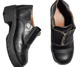 Vtg Y2K Harley-Davidson Black Leather Front Zip Chunky Sole Biker Oxfords Sz 6.5