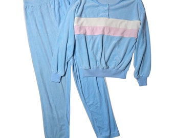 Survêtement 2 pièces en velours bleu pastel VTG des années 1980 pour femmes M