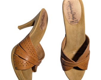 Vtg 1970s Cognac Brown Leather Made In Italy Composite Heel Mule Sandals Sz 8