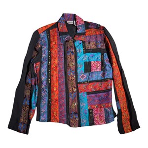 Vtg 1990s Chico's Black Pink Blue Colorful Patchwork Button Up Boho Top Sz 1 M