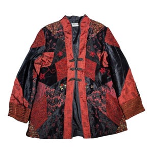 Vtg Y2K Anage Red Black Patchwork Velvet Embroidered Frog Toggle Jacket Sz M
