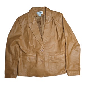 Vintage des années 1990 Bagatelle Camel Tan en cuir véritable veste blazer à deux boutons L 12 image 1