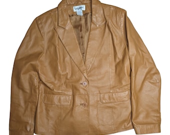 Vintage des années 1990 Bagatelle Camel Tan en cuir véritable veste blazer à deux boutons L 12