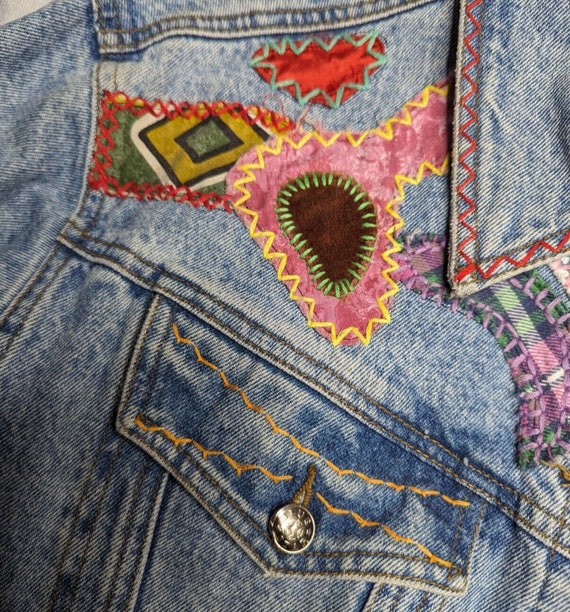 Vtg 1990s Blue Star Boho Embroidered Patchwork De… - image 3