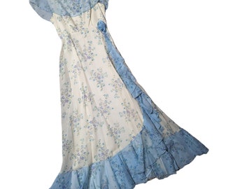 Vtg 1970s Sylvia Anne Ivory Blue Floral Print Ruffle Trim Maxi Prairie Dress 10