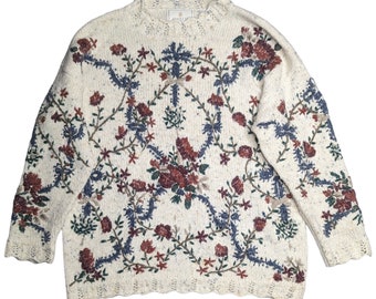 VTG des années 1990 Express Tricot Ivoire floral brodé pull en tricot doux M