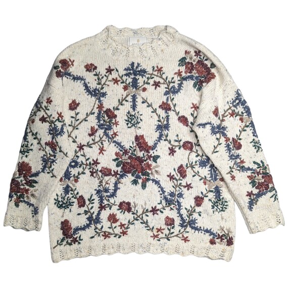 Vtg 1990s Express Tricot Ivory Floral Embroidered 