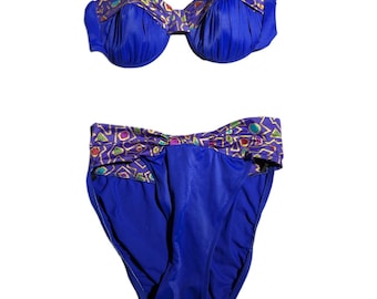 Bikini in nylon con ferretto, 2 pezzi, Catalina, blu cobalto, con finiture geometriche, anni '90, taglia 12