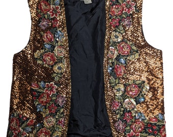 Vtg 1990s Cervelle Floral Silk Brocade Gold Metallic Sequin Embellished Vest M