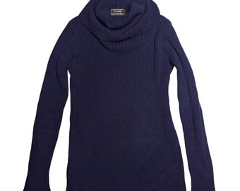 Vtg anni '80 Cecily by Esprit Maglione pullover dolcevita lavorato a coste blu navy S