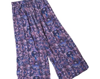 Pantaloni Boho in vita elastica a vita alta con gamba larga floreale astratto viola vintage degli anni '90 M