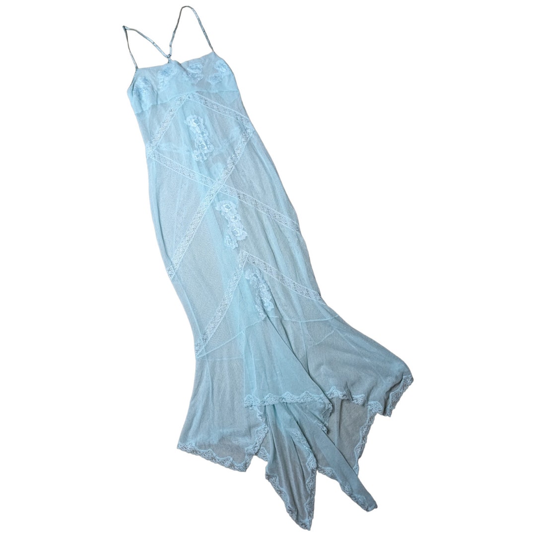 Sheer Racerback Vtg Y2K Victoria's Secret Sky Blue Sheer Lace Draped Hem Racerback Maxi ...