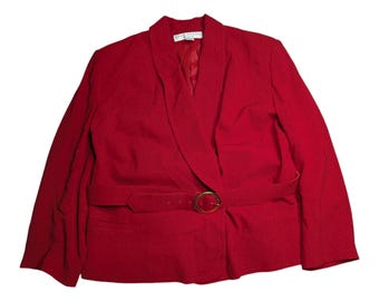 VTG 1980er Jahre Evan Picone Rote Zweireihige Klassische Blazer Jacke mit Gürtel 20W