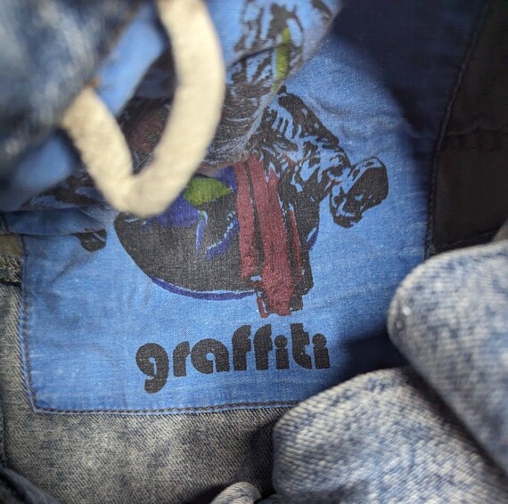 Vtg 1980s Graffiti Light Blue Acid Wash Patchwork… - image 4