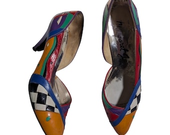 Vtg 1990er Jahre Margaret J Schachbrett Color Block Abstrakt Spitze Toe Pumps Gr. 6