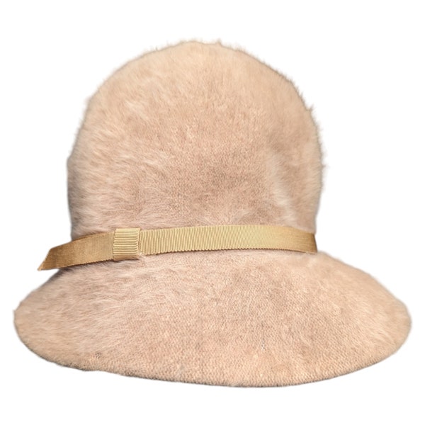 Vtg 1980s Kangol Women's Beige Fuzzy Angora Mohair Wide Brim Bucket Hat