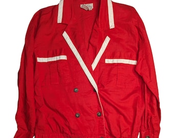 Vtg 1980s Cali Red Ivory Double Breasted Cotton Blend Nautical Blazer Jacket 14W