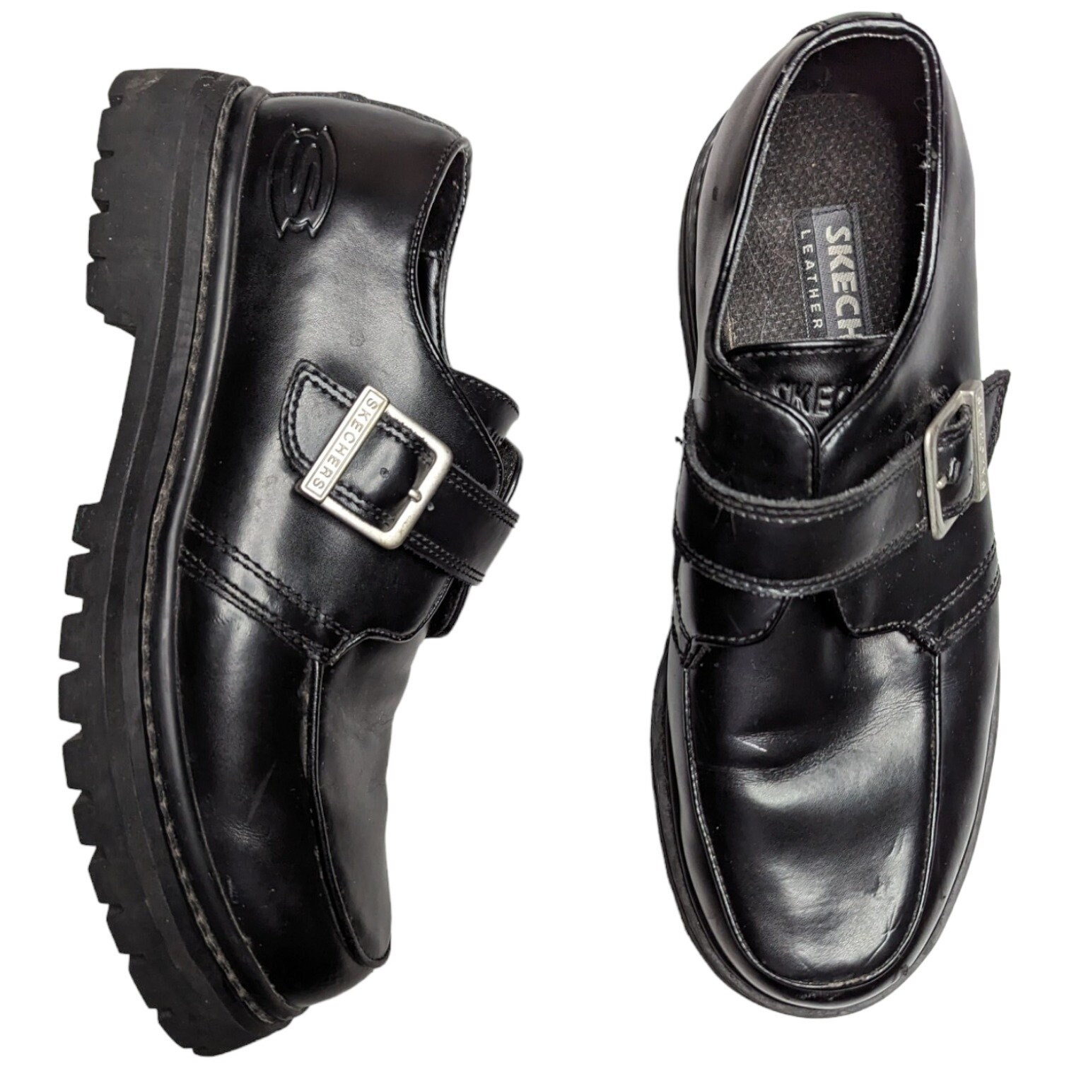 Vtg 1990s Skechers Men's Black Leather Chunky Lug Sole Monk Strap