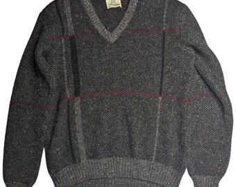 Vtg 1980s Lord Jeff Charcoal Gray Plaid Shetland Wool V-Neck Pullover Sweater XL