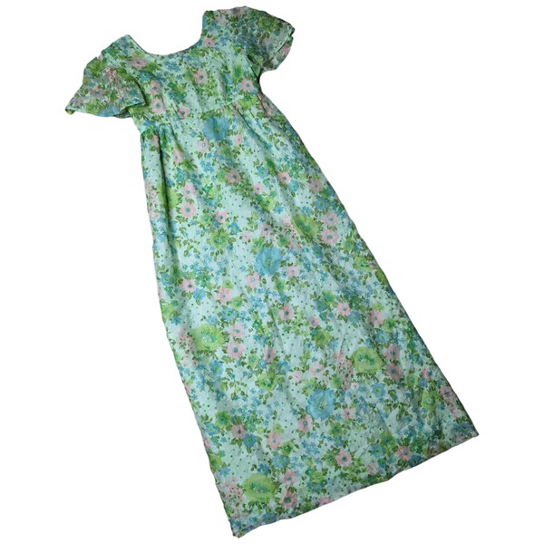 Vtg 1960s Pastel Green Floral Print Chiffon Empire Waist Flutter Maxi Dress 10