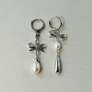 Romantic Earrings | hypoallergenic cute coquette pearl grunge alt bow mismatched earrings