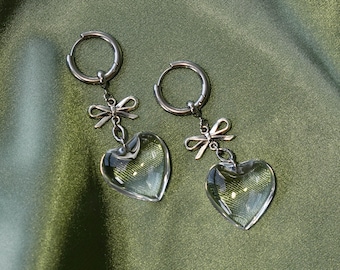 Valentine Earrings | hypoallergenic glass heart coquette grunge goth cute dangly chunky hoops