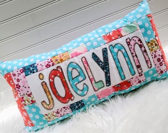 Custom Kids Name Pillow: Appliqued Stitched Name, Quilted Patchwork