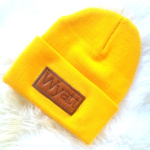 Personalized Beanie, Youth, Adult Beanie with Leather Patch, Embroidered Patch Beanie, Custom Beanie, Stocking Stuffer, Beanie Hat, Warm